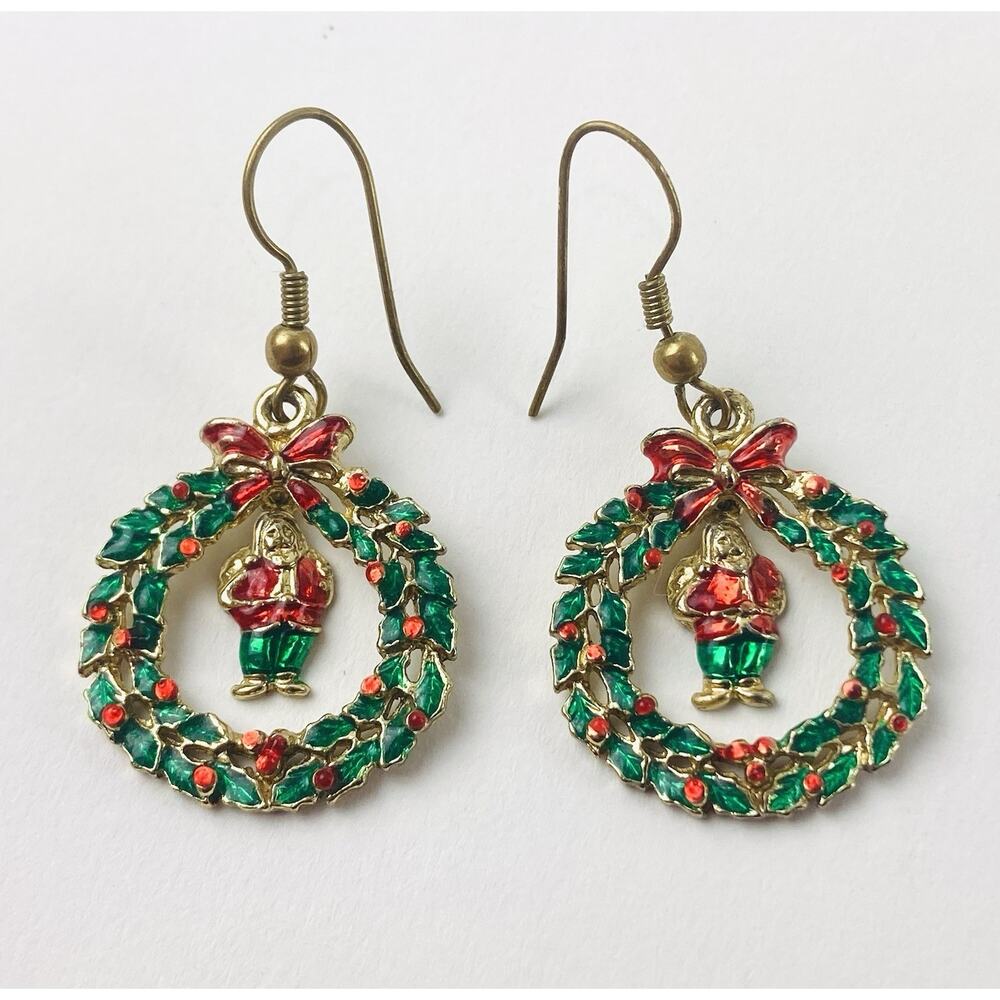 Vintage Estate Earrings Red Green Enamel Christmas Wreath Santa Dangle Rhineston